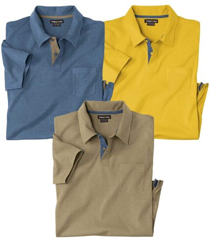 Pack of 3 Men's Casual Polo Shirts - Brown Blue Yellow