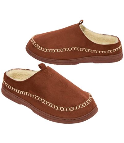 Men's Brown Sherpa-Lined Faux-Suede Slippers  