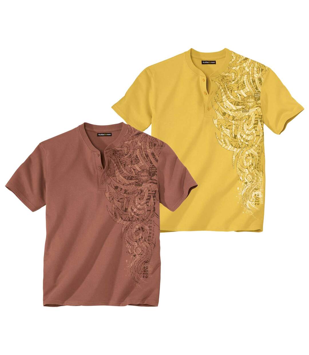 Pack of 2 Men's Button-Neck T-Shirts - Yellow Brick Red Atlas For Men