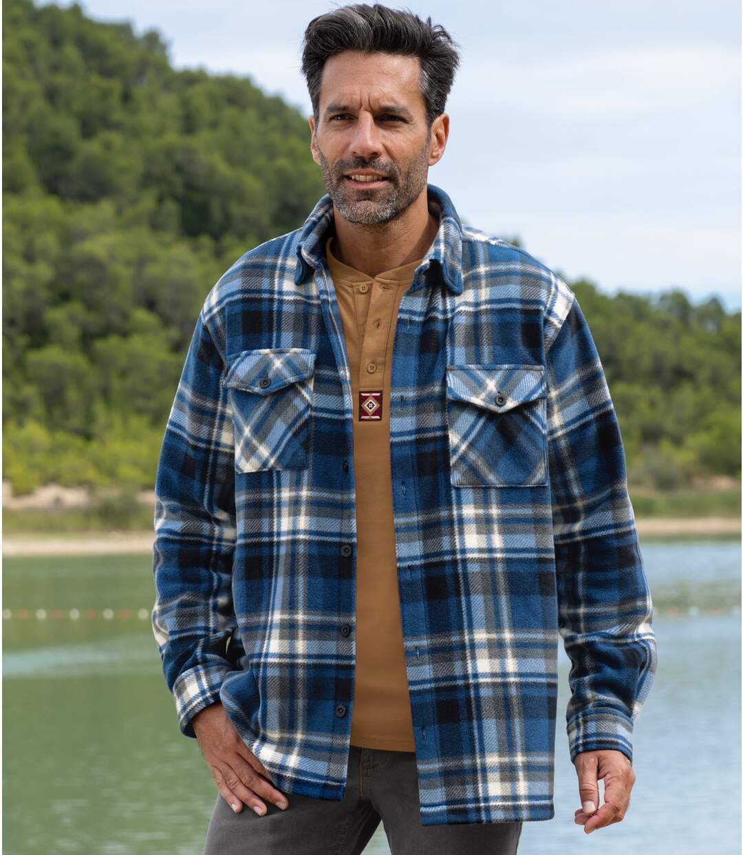 Men's Checked Fleece Overshirt - Blue Black Ecru 