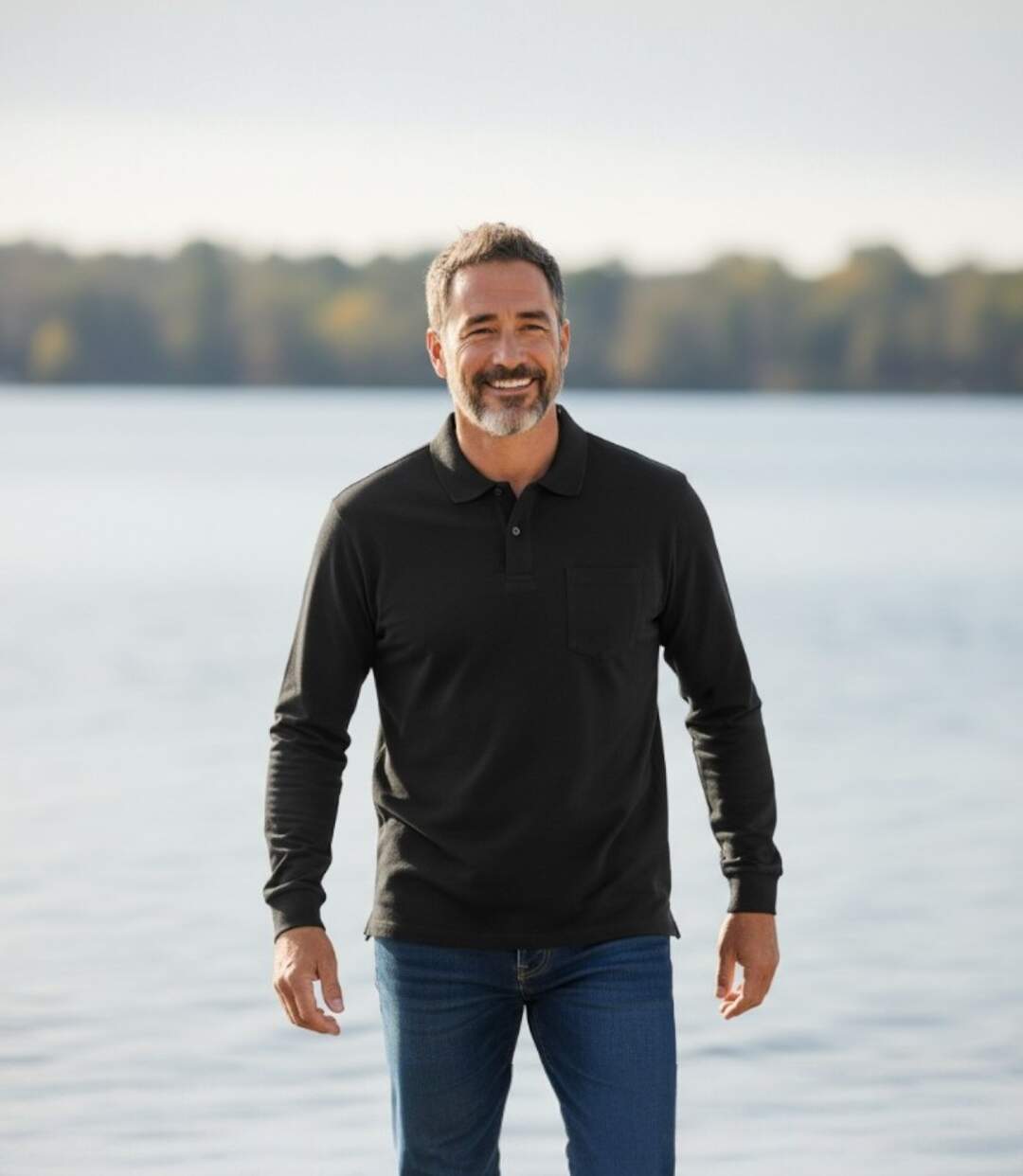 Pack of 3 Men's Long Sleeve Polo Shirts - Black Khaki Blue-3