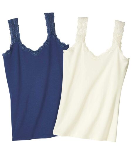 Pack of 2 Women's Lace Vest Tops - Indigo Cream