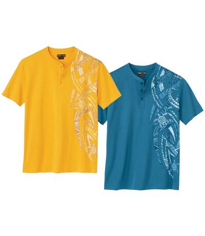 Pack of 2 Men's Button-Neck T-Shirts - Yellow Blue