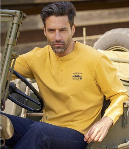 Pack of 2 Men's Button-Neck Long-Sleeved Tops - Anthracite Yellow