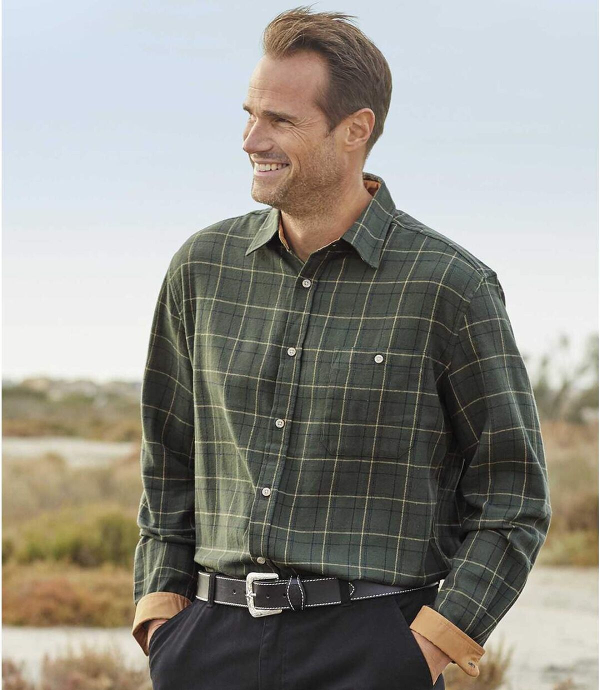 Men's Green Flannel Checked Shirt - Long Sleeves Atlas For Men