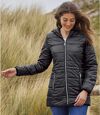 Women's Black Longline Puffer Jacket with Hood - Full Zip - Water-Repellent  Atlas For Men