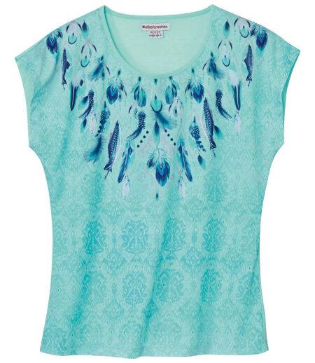 Women's Blue Feather Print T-Shirt