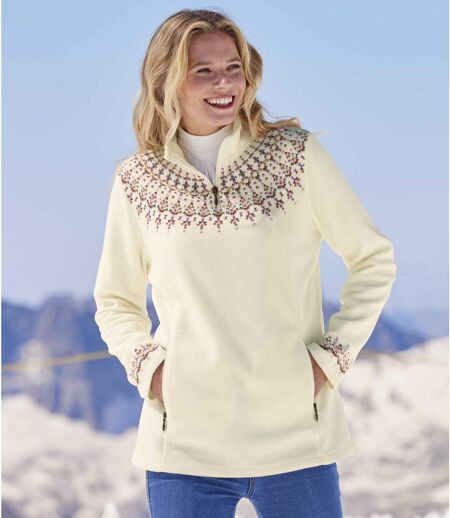 Women's Half-Zip Patterned Microfleece Sweater - Off-White