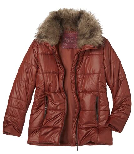 Women's Terracotta Padded Jacket with Faux Fur Collar