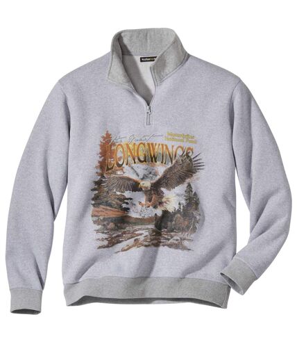 Men's Grey Eagle Print Brushed Fleece Sweatshirt - Half Zip  