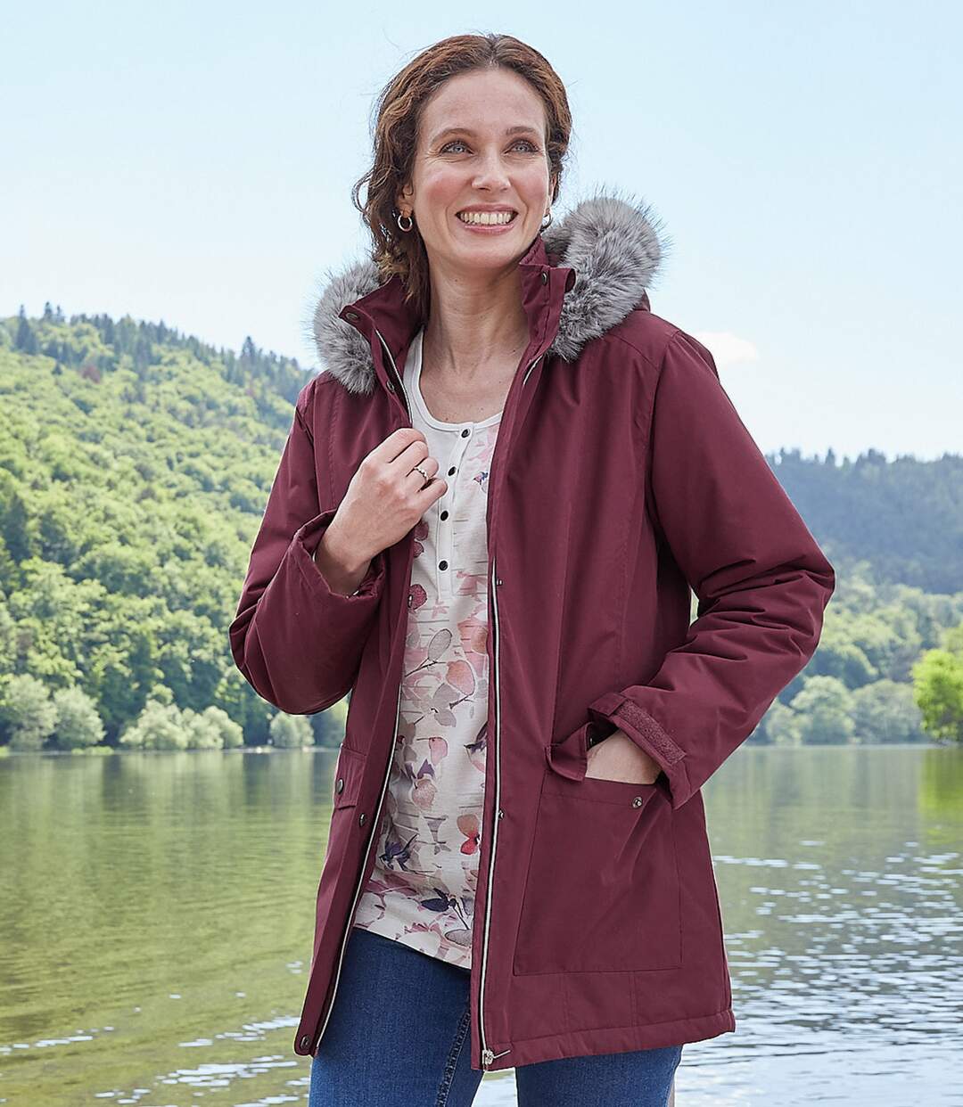 Women's Parka with Faux-Fur Hood - Water-Repellent - Plum-5