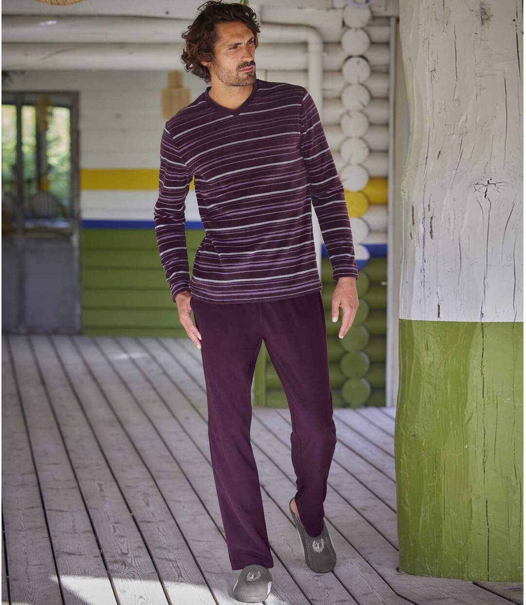 Men's Striped Microfleece Pyjamas - Plum