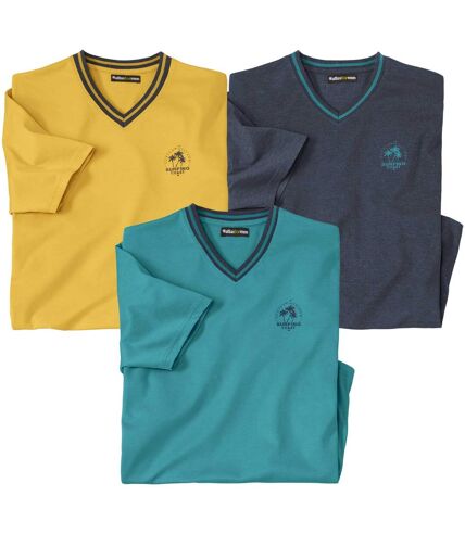 Pack of 3 Men's V-Neck T-Shirts - Turquoise Yellow Navy 