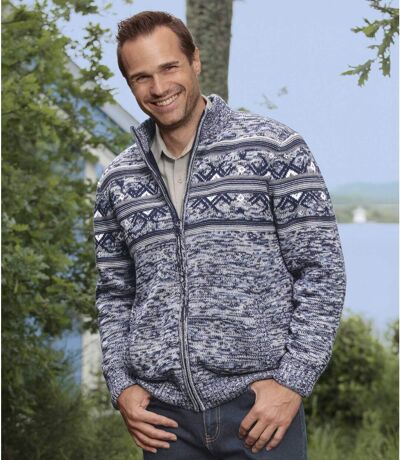 Men's Blue Nordic Knitted Jacket with Fleece Lining - Full Zip