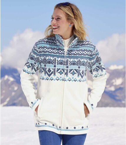 Women's Full Zip Patterned Fleece Jacket - White Blue