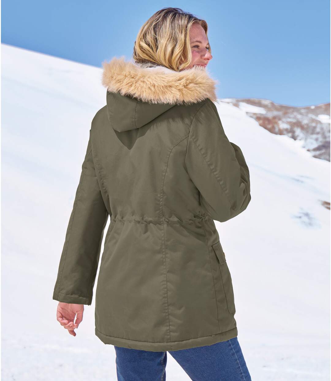 Parka à capuchon fourré femme - kaki