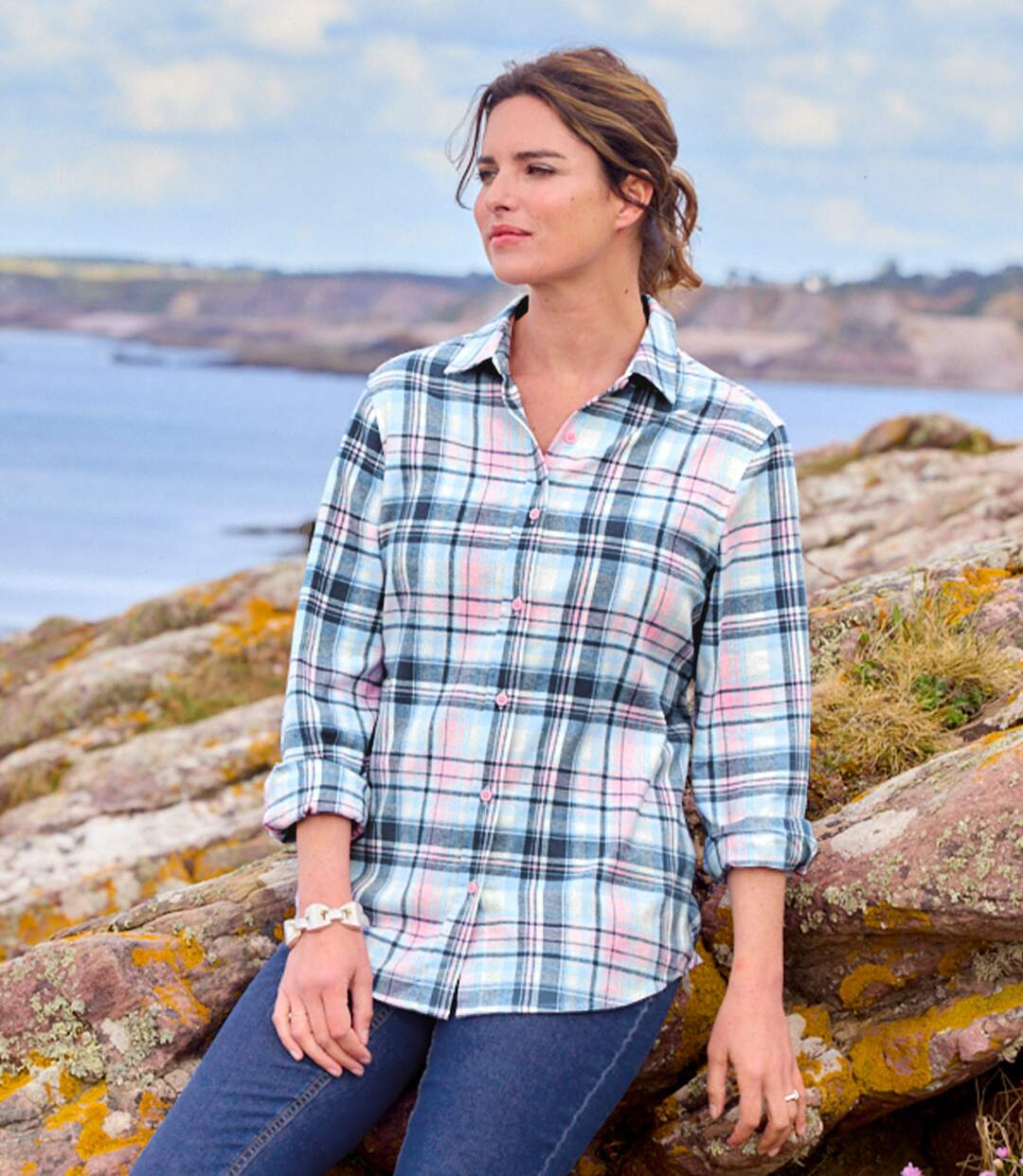 Women's Ecru Checked Flannel Shirt-2