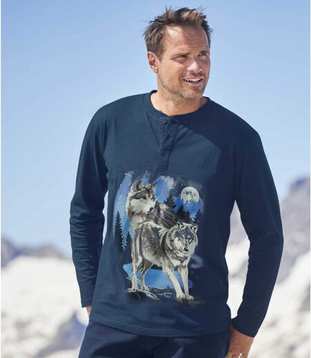 Pack of 2 Men's Wolf Print Long-Sleeved T-Shirts - Blue Grey