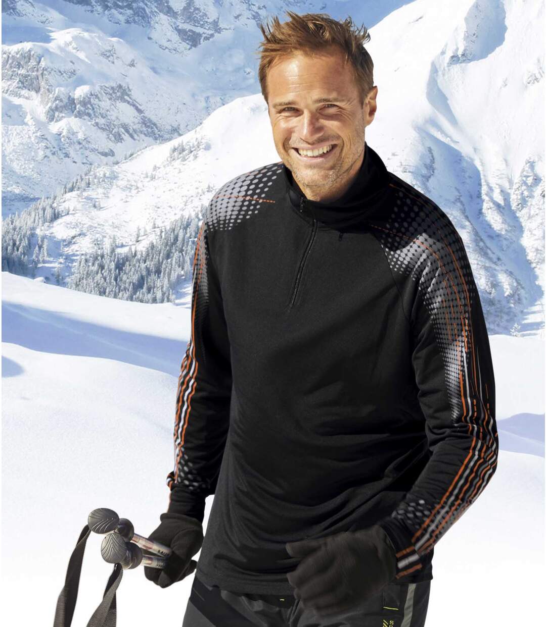 Men's Black Half Zip Top with Graphic Print-1