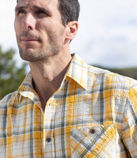 Men's Checked Waffle-Effect Shirt - Ecru Yellow Grey 