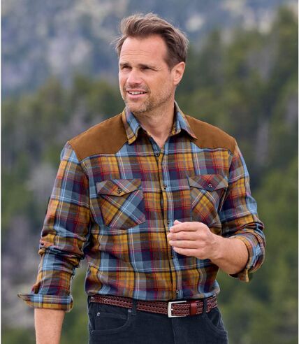 Men's Checked Shirt With Faux-Suede Panels - Blue Brown