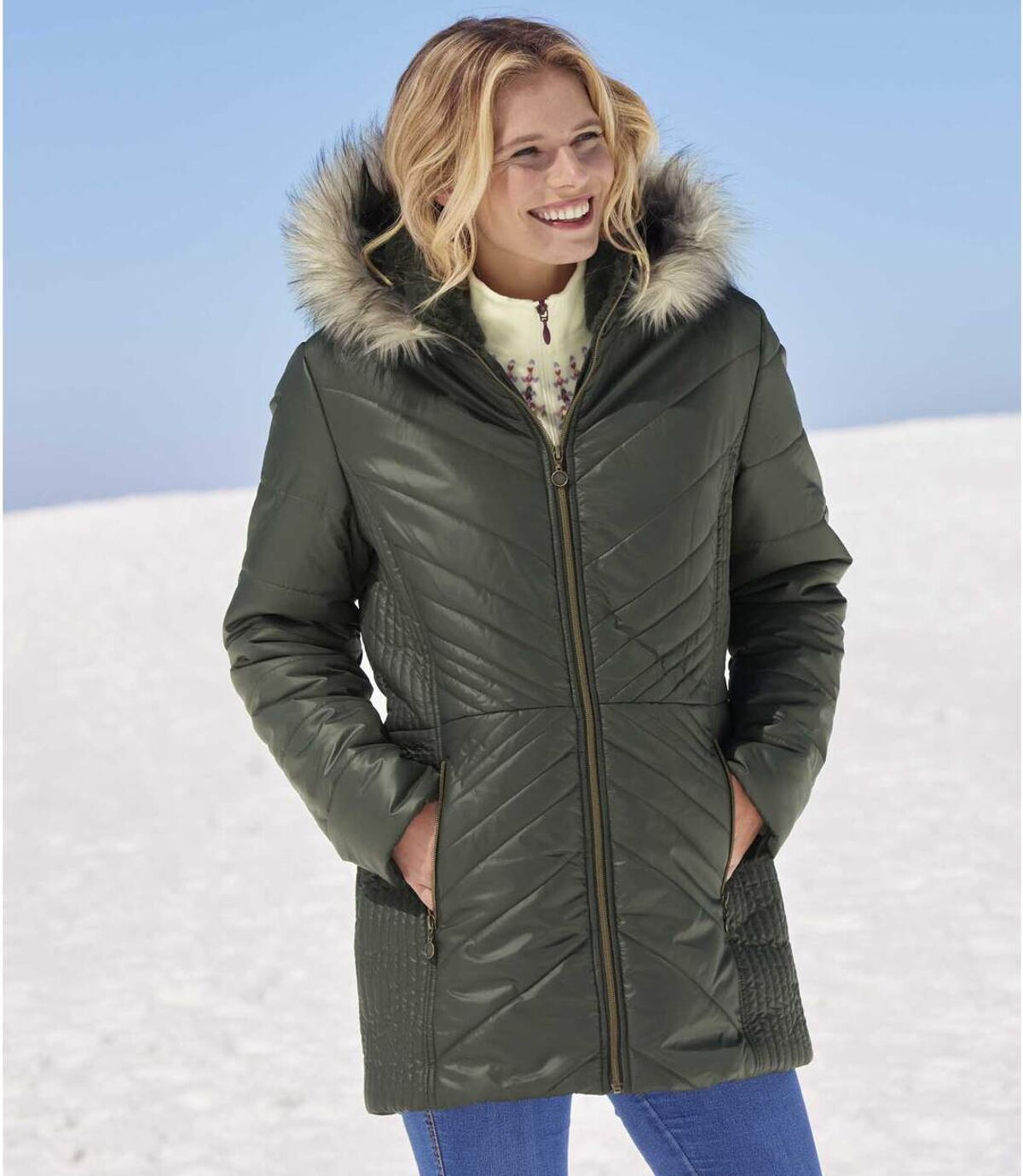Długa, pikowana kurtka z kapturem z imitacji futerka Atlas For Men