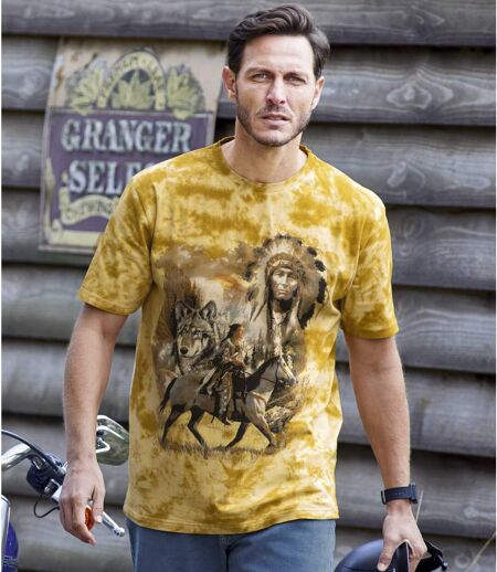 Men's Ochre Tie-Dye T-Shirt - Wolf Print