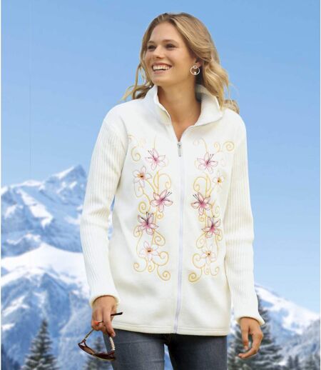 Vest van fleece en tricot met geborduurde bloemen