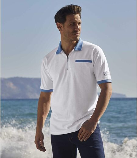 Men's Zip-Up Polo Shirt - White Blue