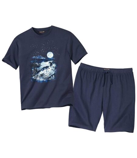 Men's Navy Blue Wolf Print Short Pyjama Set