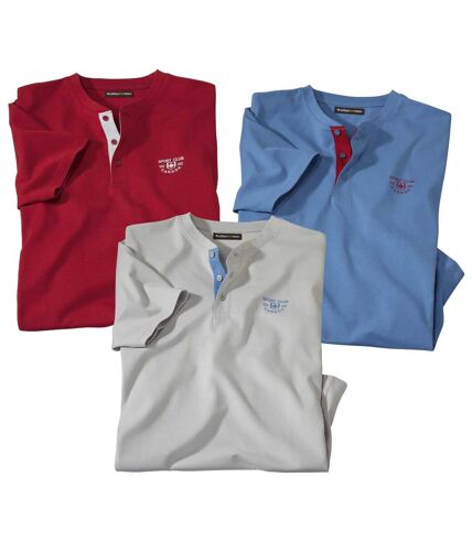 Men's Pack of 3 Tunisian-Collar Sports T-Shirts - Blue Grey Red
