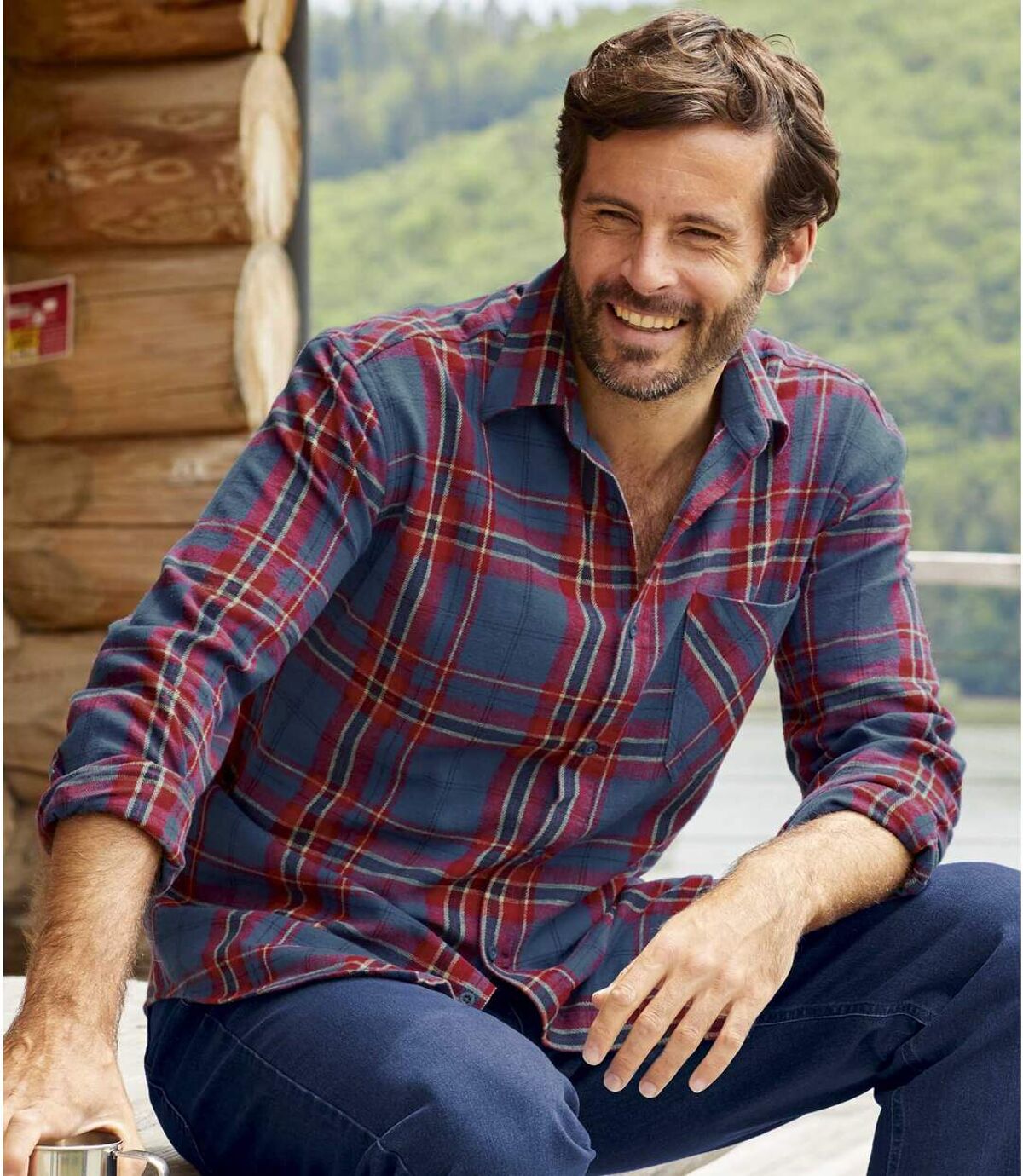 Men's Checked Flannel Long Sleeve Shirt - Blue Red Beige Atlas For Men