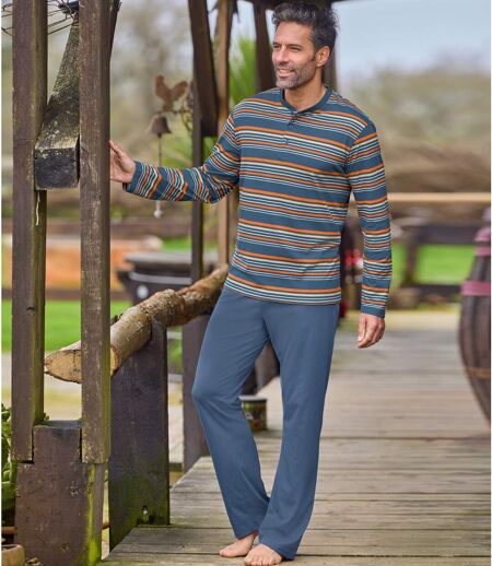 Men's Navy Striped Henley-Neck Pajamas