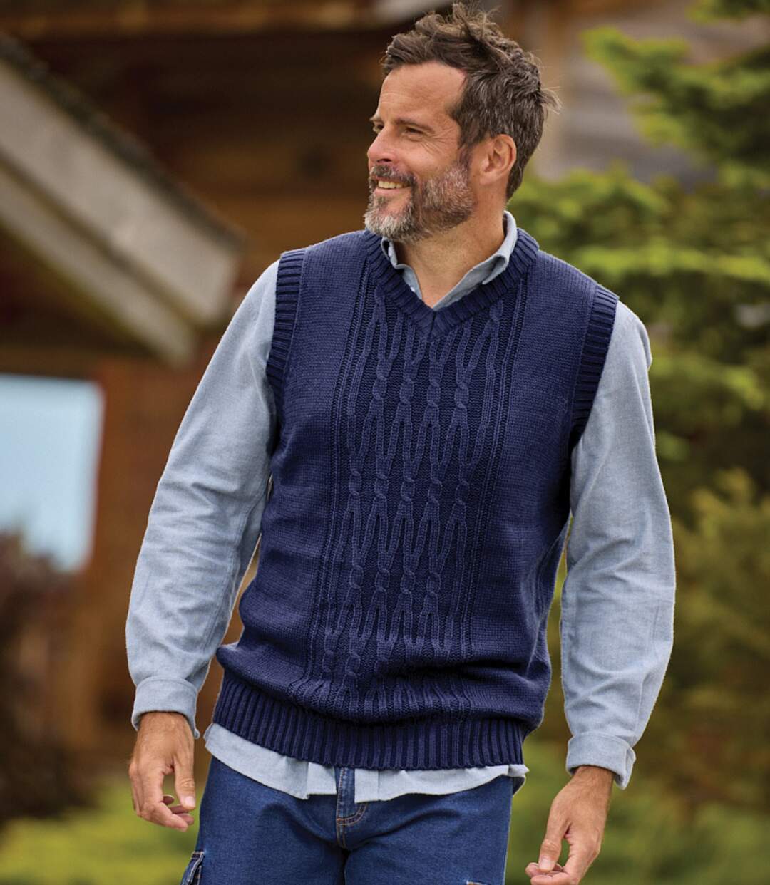 Men's Navy Cable Knit Sleeveless Jumper-4