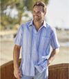 Men's Blue Striped Crepe Shirt - Short Sleeves Atlas For Men