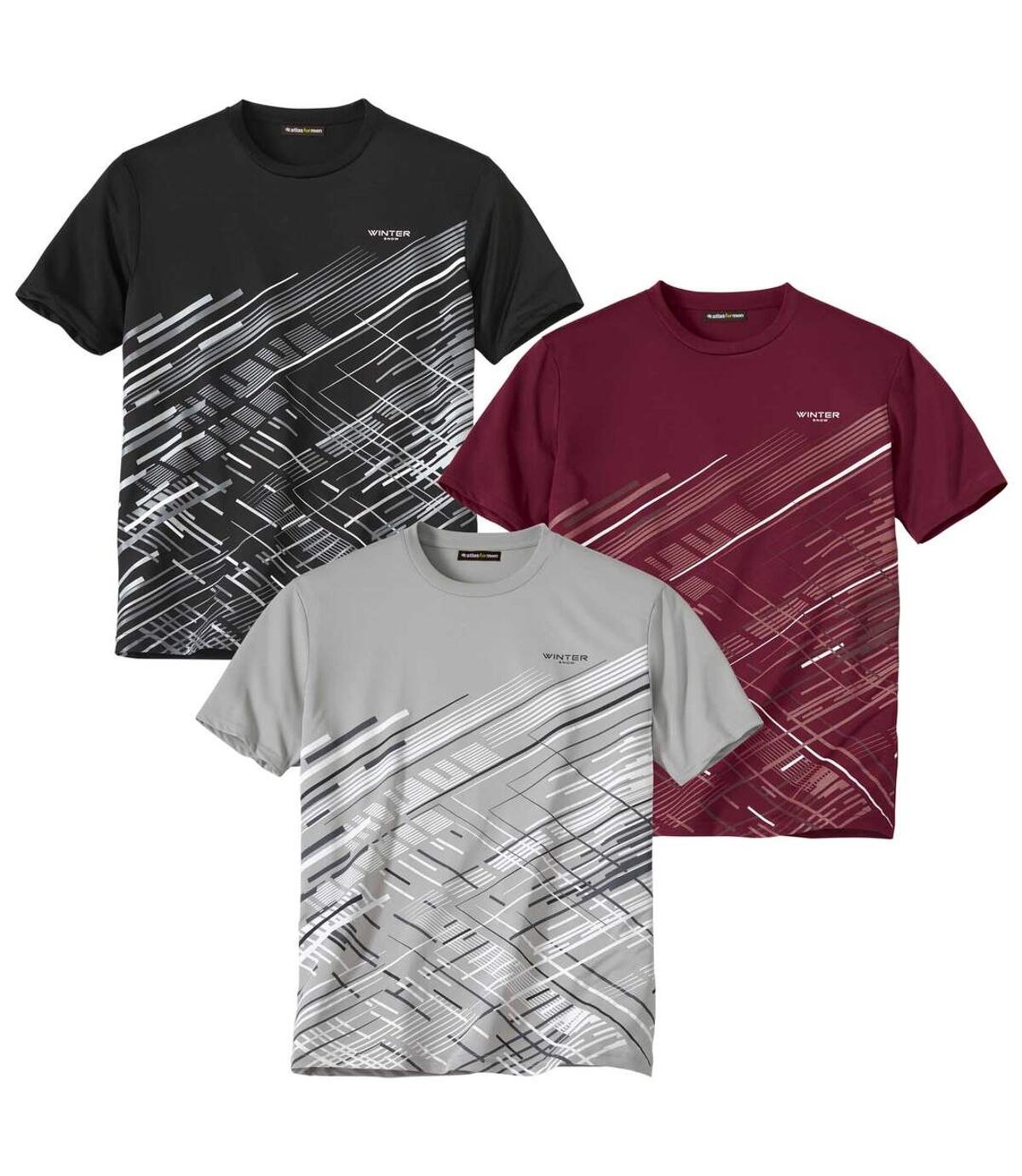 Pack of 3 Men's Print T-Shirts - Black Burgundy Gray Atlas For Men