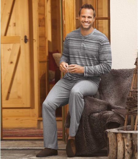 Men's Striped Winter Pyjamas - Grey
