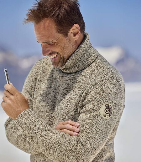 Men's Beige Marled Knit Roll-Neck Jumper