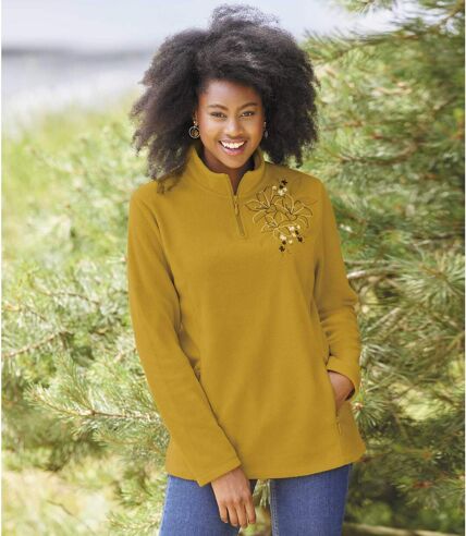 Women's Embroidered Microfleece Sweater - Ochre
