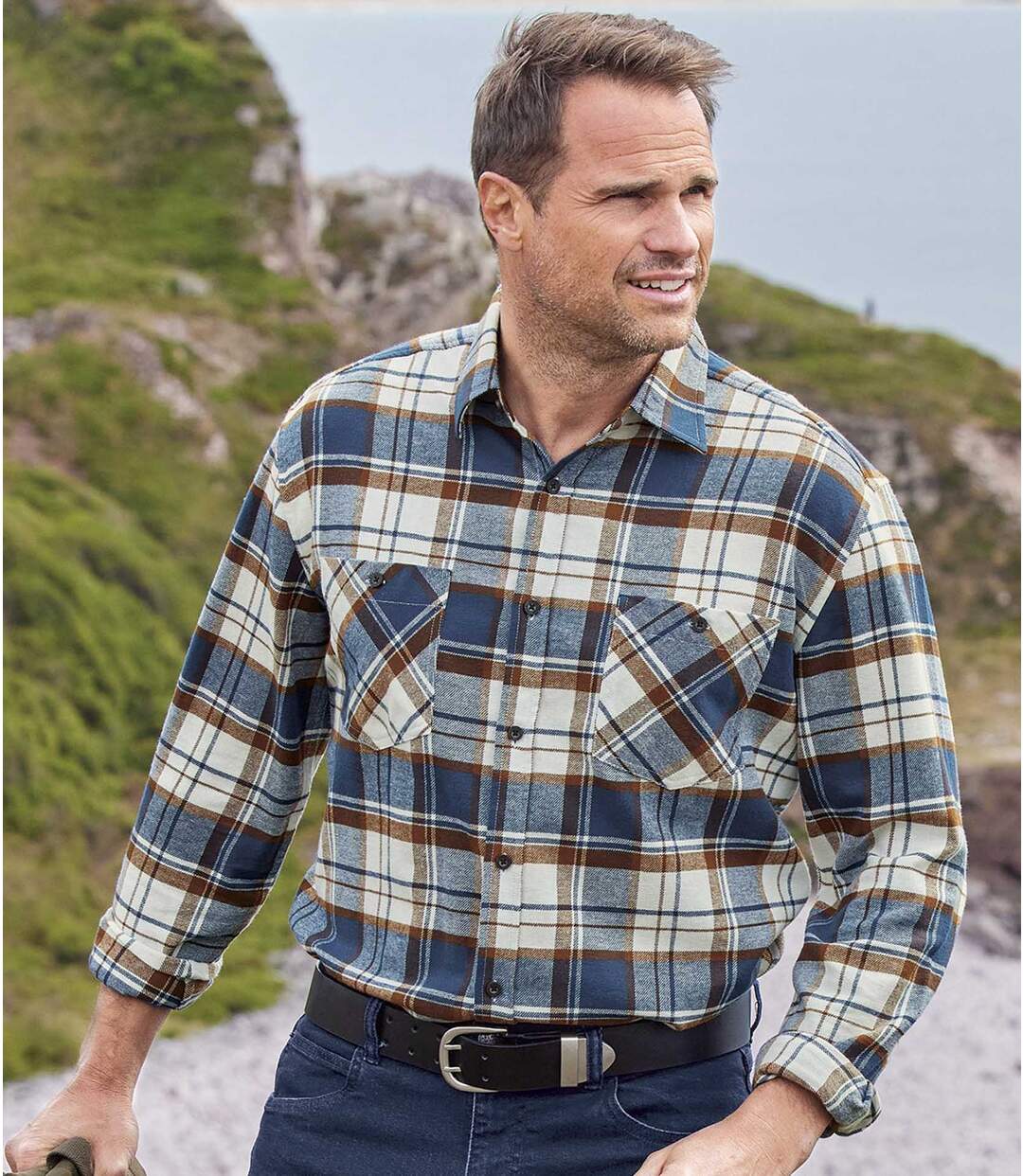 Men's Casual Checked Flannel Shirt - Navy, Brown, Ecru Atlas For Men