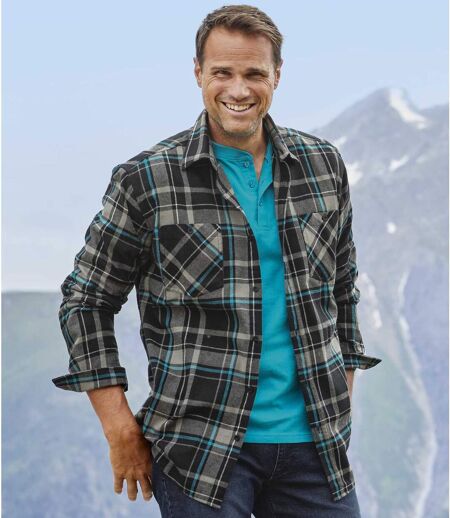 Men's Grey & Turquoise Checked Flannel Shirt