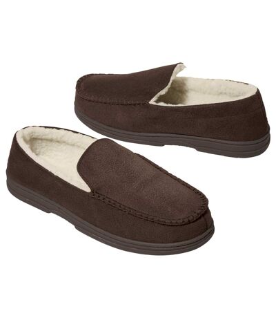 Men's Brown Faux-Suede Slippers - Sherpa Lining 