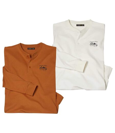Pack of 2 Men's Button-Neck Tops- Mottled Ecru and Orange