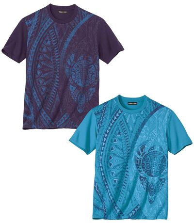 Pack of 2 Men's Graphic Print T-Shirts - Purple Turquoise 