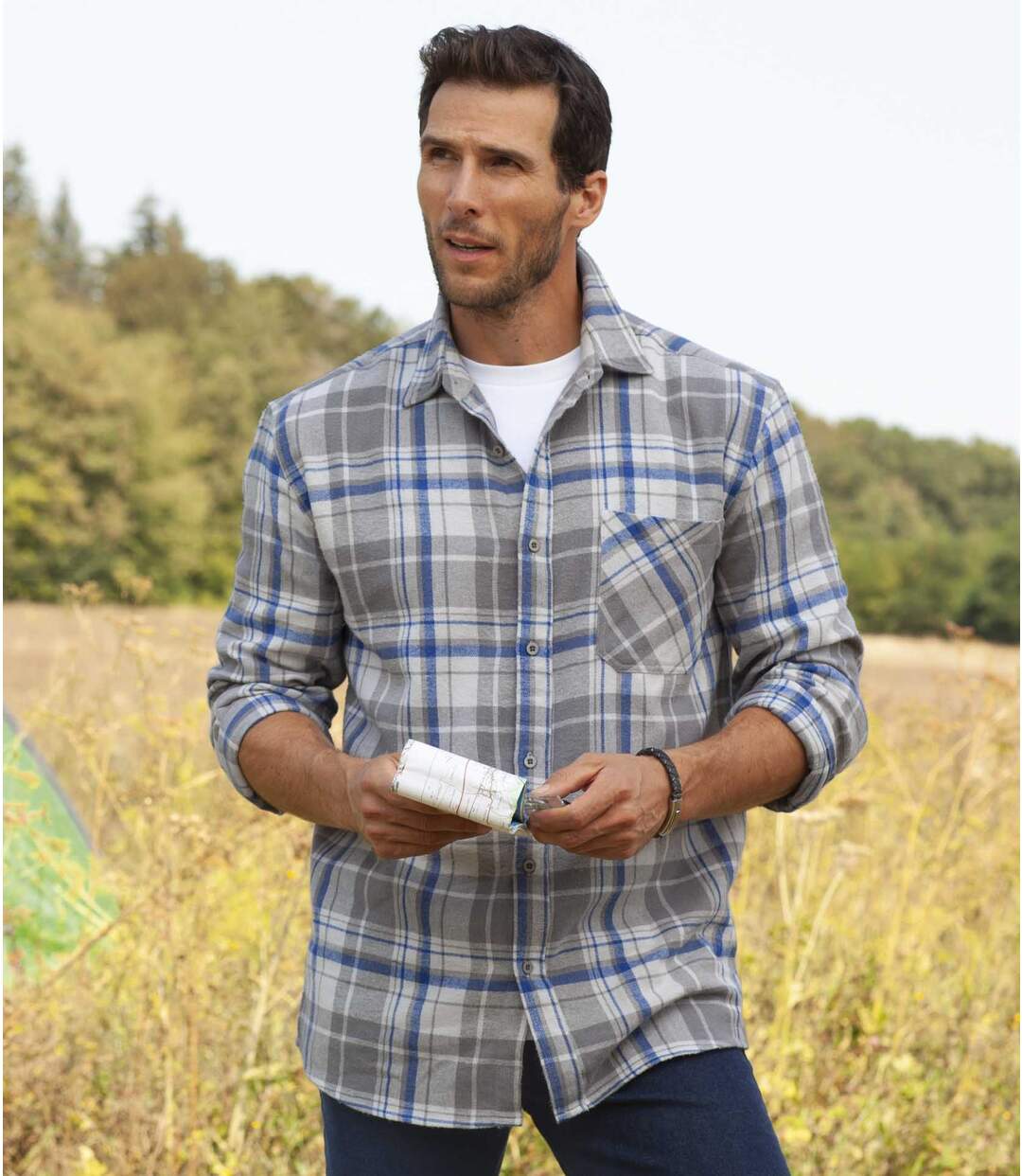 Men's Gray Flannel Checked Shirt with Off-White and Denim Blue Checks Atlas For Men