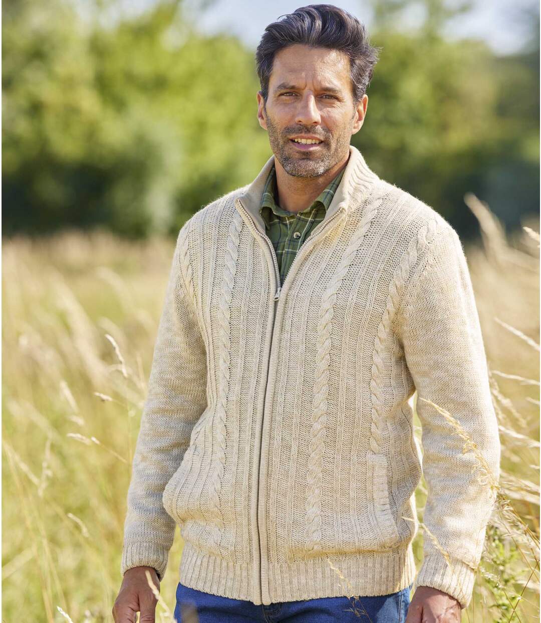 Pletená propínací svetr Mountain Travel s límcem podšitým fleecem Atlas For Men