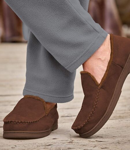 Men's Brown Sherpa-Lined Faux-Suede Slippers