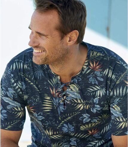 Men's Blue Tropical Print Lace-Up T-Shirt