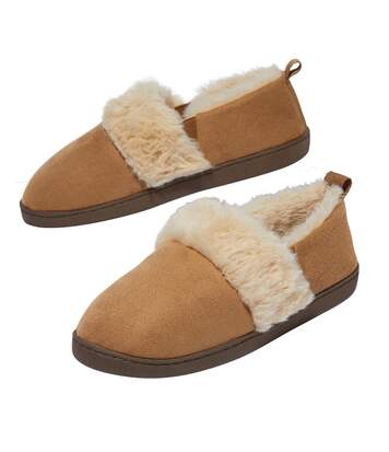 Women's Faux-Suede Slippers with Faux-Fur - Camel 