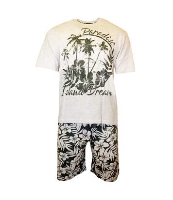Baum Mens Paradise Island Dream Marl T-Shirt & Shorts Pajama Set (Ecru Marl/Khaki) - UTUT879